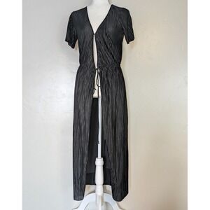 Lush Maxi Dress Small Black Pleated Short Sleeve Tie Front Ribbed Shiny‎ Lined